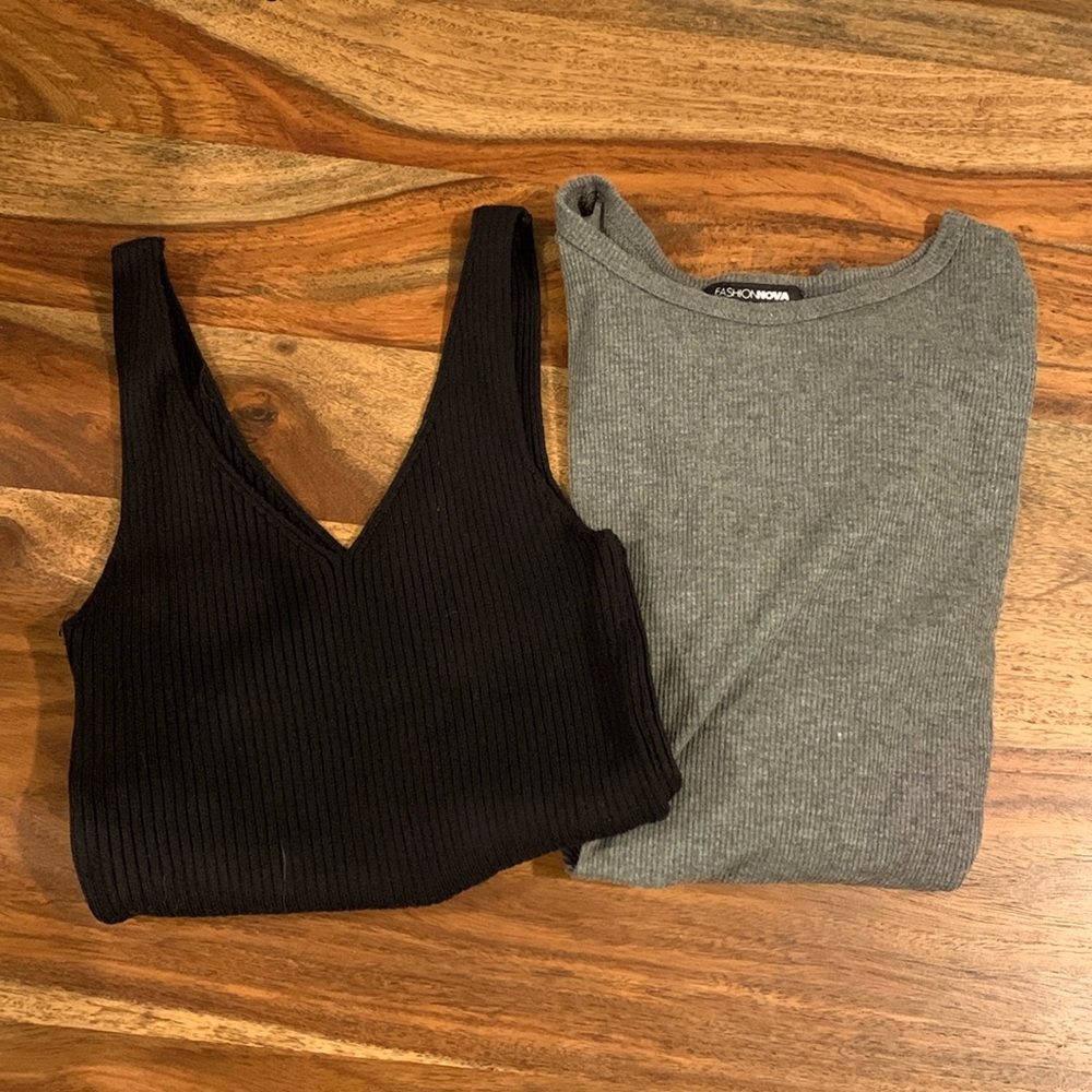 Fashion nova XS cropped top set gray black tank long sleeve sleeveless ribbed